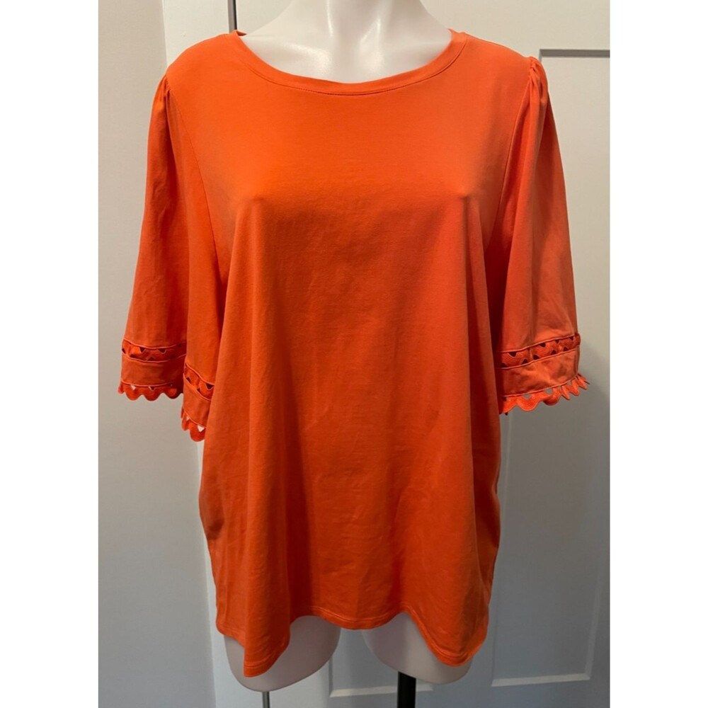 CHICOS Womens Knit TOP Short Sleeve ORANGE Rick Rack Sleeves Size 3 (XL)